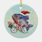 Hipster Piranha op een fiets met kerstmuts Keramisch Ornament (Voorkant)