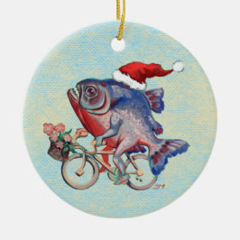 Hipster Piranha op een fiets met kerstmuts Keramisch Ornament