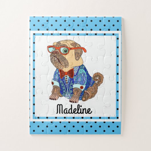 Hipster Pug on Polka Dots, gepersonaliseerde Kinde Legpuzzel (Verticaal)