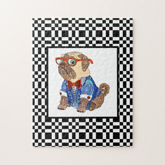 Hipster Pug op Uitdagend Zwart-Wit Schaakbord Legpuzzel (Verticaal)