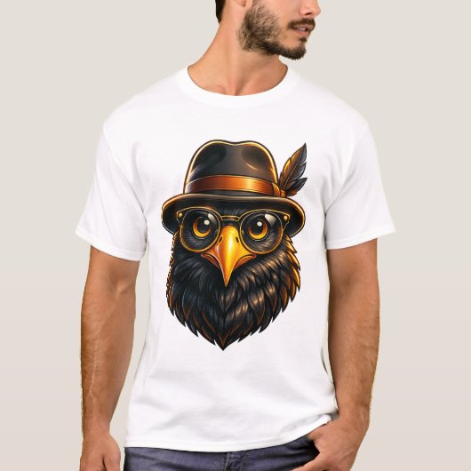 Hipster Raaf met Hoed & Bril T-shirt (Voorkant)