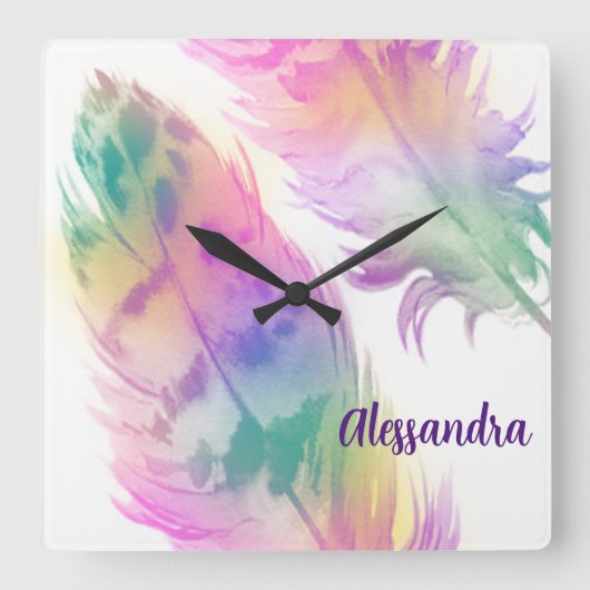 Hipster Rainbow Feathers-klok Vierkante Klok (Voorkant)