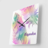 Hipster Rainbow Feathers-klok Vierkante Klok (Hoek)