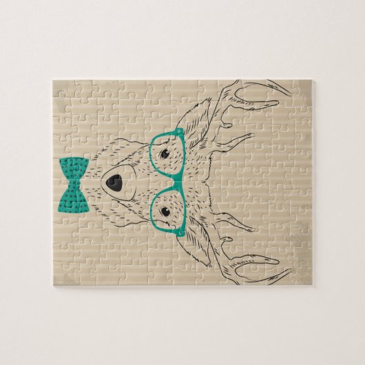 Hipster Reindeer Elk met glazen grijze kerst Legpuzzel (Horizontaal)