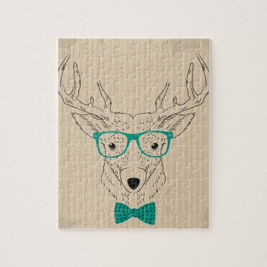 Hipster Reindeer Elk met glazen grijze kerst Legpuzzel (Verticaal)