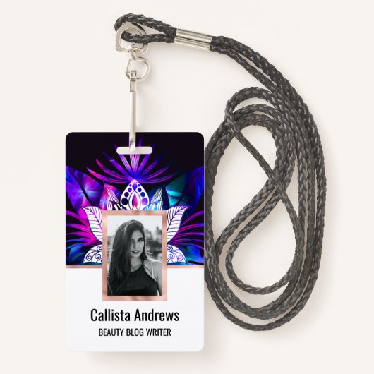 Hipster Retro Tech Blauwgroen Paars Lotus Flower L Badge (Voorkant met draagriem)