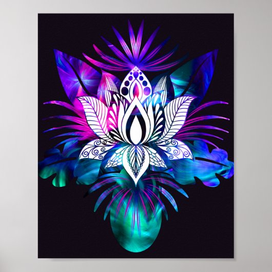 Hipster Retro Tech Blauwgroen Paars Lotus Flower L Poster (Voorkant)