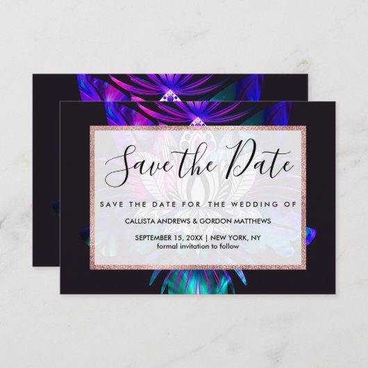 Hipster Retro Tech Blauwgroen Paars Lotus Flower L Save The Date (Voorkant / Achterkant)