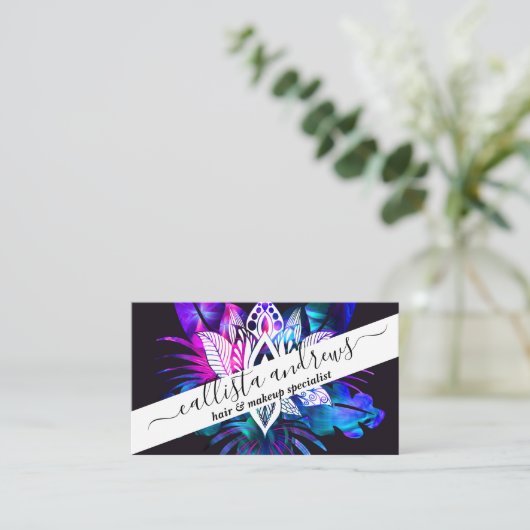 Hipster Retro Tech Blauwgroen Paars Lotus Flower L Visitekaartje (Staand voorkant)