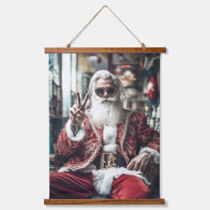Hipster Santa slaat een Pose Peace Holiday vibes Hangend Wandkleed