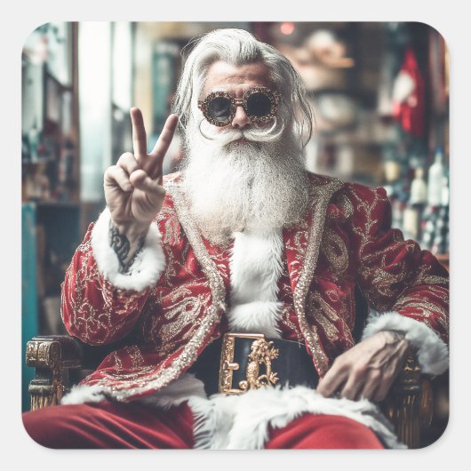 Hipster Santa slaat een Pose Peace Holiday vibes Vierkante Sticker (Voorkant)