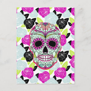 Hipster Sugar Skull and Floral Roses Briefkaart