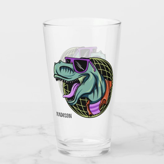 Hipster T-Rex, op maat gemaakt glas (Achterkant)