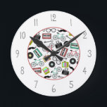 Hipster Thed Clock Ronde Klok<br><div class="desc">Een klok met illustratiestrijdfietsen,  bril,  cassettebanden,  vinylplaten,  skeletsleutels,  snuisterknoppen,  camera's en antennetelevisietoestellen. De cijfers zijn grijs.</div>