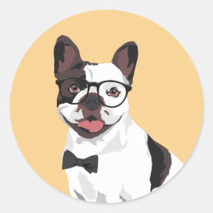 Hipster Witte en Bruine Franse Bulldog Ronde Sticker