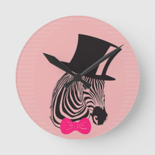 Hipster-Zebra met bovenste hoed en Stropdas Ronde Klok