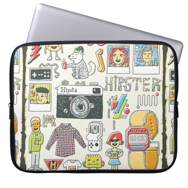 Hipster zwaaide hand getekende kleurrijke doedelse laptop sleeve (Voorkant)