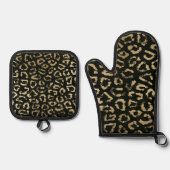 Hipster zwart goud luipaard dierenprint ovenwant & pannenlap set (Voorkant)