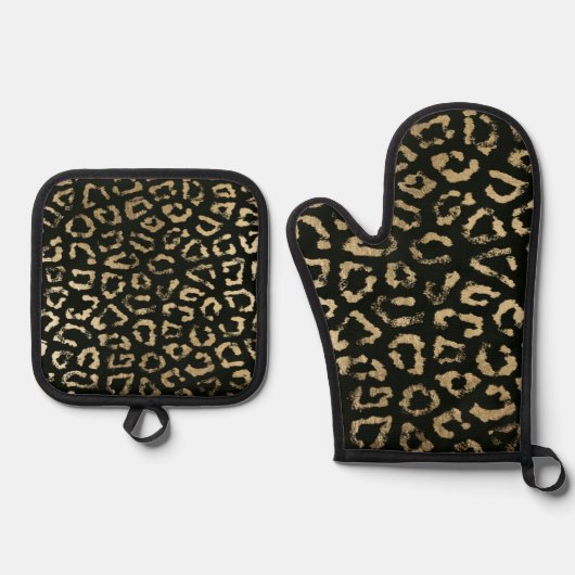 Hipster zwart goud luipaard dierenprint ovenwant & pannenlap set (Voorkant)