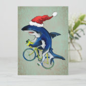 Hipsterhaai op een fiets met kerstmannenmuts feestdagenkaart (Staand voorkant)