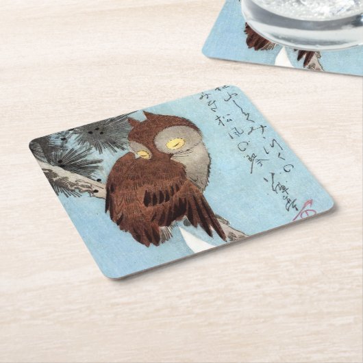 Hiroshige - Gehoornde uil, dennenboom en halve maa Kartonnen Onderzetters (Schuin)