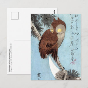 Hiroshige - Gehoornde uil, pijnboom en halve maan Briefkaart