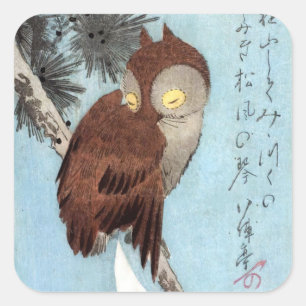 Hiroshige - Gehoornde uil, pijnboom en halve maan Vierkante Sticker