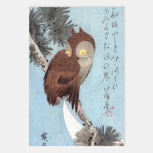 Hiroshige - Horned Owl, Pine, en Crescent Moon Inpakpapier Vel