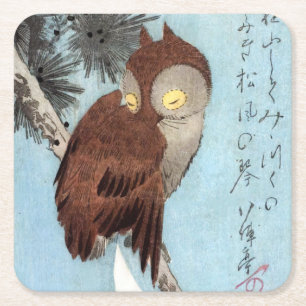 Hiroshige - Horned Owl, Pine, en Crescent Moon Kartonnen Onderzetters