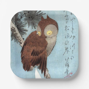 Hiroshige - Horned Owl, Pine, en Crescent Moon Papieren Bordje