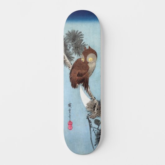 Hiroshige - Horned Owl, Pine, en Crescent Moon Persoonlijk Skateboard (Voorkant)