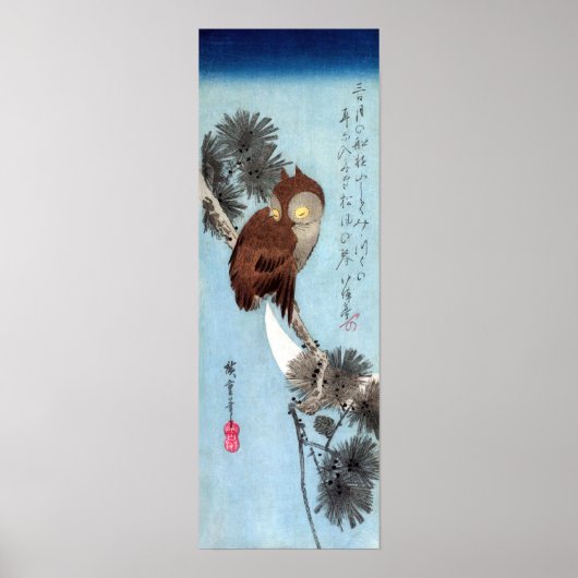 Hiroshige - Horned Owl, Pine, en Crescent Moon Poster (Voorkant)