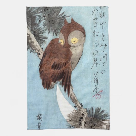 Hiroshige - Horned Owl, Pine, en Crescent Moon Theedoek (Verticaal)