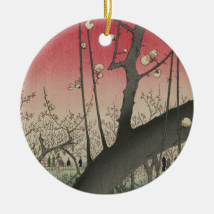 Hiroshige Prunus-landgoed Kameido: Vintage Japans Keramisch Ornament