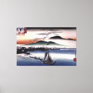 Hiroshige - Vissende boten op een meer Canvas Afdruk