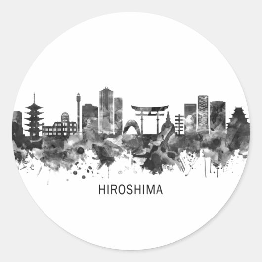 Hiroshima Japan Skyline BW Ronde Sticker (Voorkant)