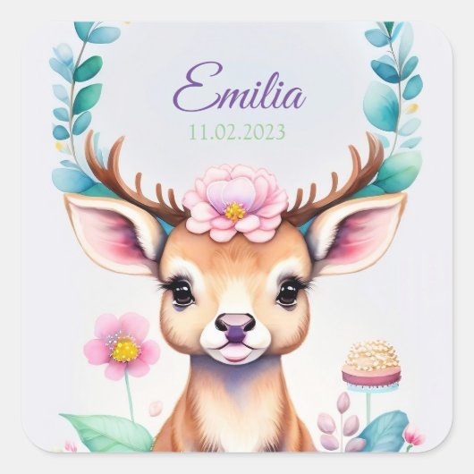 Hirsch mit Blumen - Wasserfarbe Kindermotiv Vierkante Sticker (Voorkant)