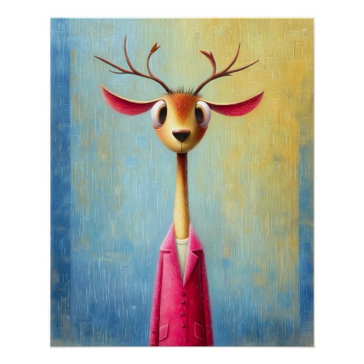 Hirsch Portrait - pinker Mantel - Cartoon Comic Perfect Poster (Voorkant)