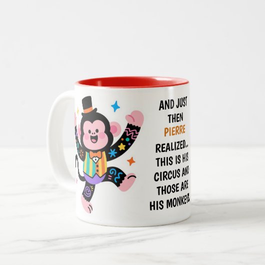 (His) Funny Personalized Circus Monkeys Tweekleurige Koffiemok (Voorkant links)