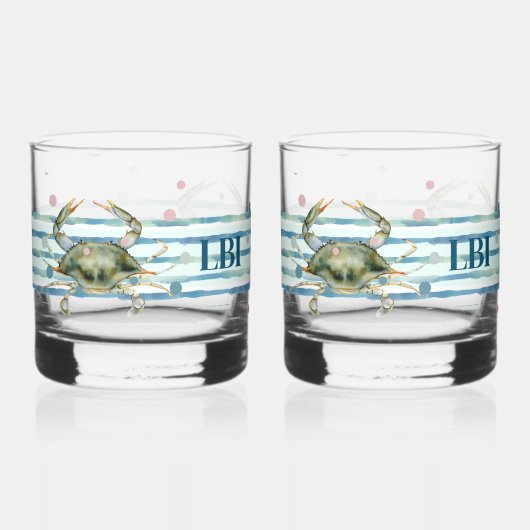 HIS & HER'S BEACH TOWN, WATERVERF CRAB ART WHISKY GLAS (Voorkant)