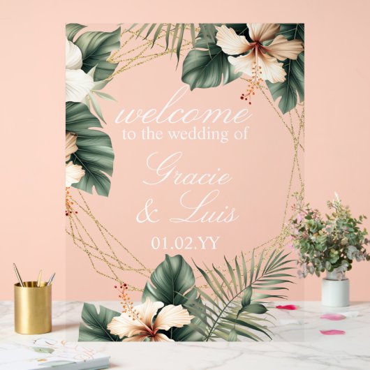 Hisbiscus Monstera Botanische Bloemen Gouden Bruil Acryl Bord (Huwelijk)