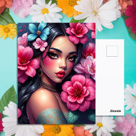 Hispanic Anime Girl met  roze bloemen Briefkaart