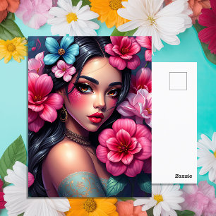 Hispanic Anime Girl met  roze bloemen Briefkaart