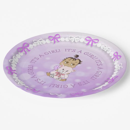 Hispanic Baby Girl Holding Teddy Bear Baby shower Papieren Bordje (Gekanteld)