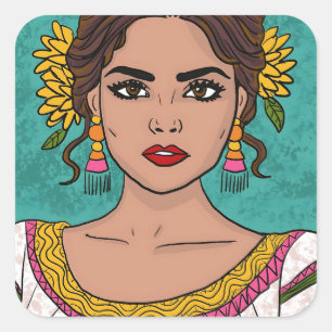 Hispanic Heritage Floral Hand getrokken vrouw Vierkante Sticker