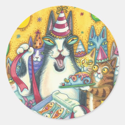 Hiss N' Fitz Cats BIRTHDAY STICKERS Round (Voorkant)