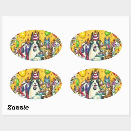 HISS N' FITZ CATS, KITTENS, MICE, FUNNY BIRTHDAY OVALE STICKER (Vel)
