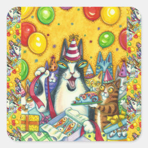 HISS N' FITZ CATS, KITTENS, MICE, FUNNY BIRTHDAY VIERKANTE STICKER