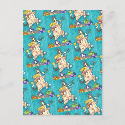 HISS N' FITZ KAT IN VERJAARDAGSKLEDING, TAART & KA BRIEFKAART (Voorkant)