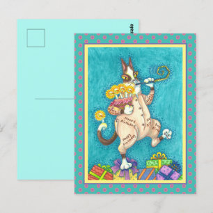 HISS N' FITZ KAT IN VERJAARDAGSUIT, TAART & KAARSE BRIEFKAART